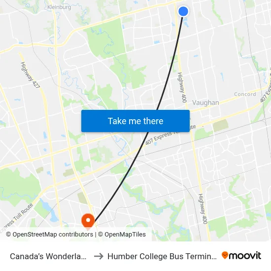 Canada’s Wonderland to Humber College Bus Terminal map