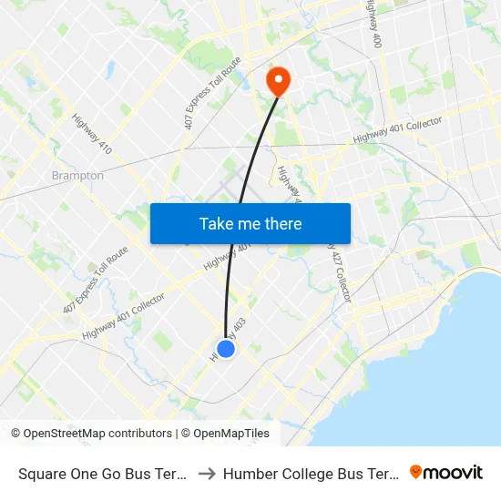 Square One Go Bus Terminal to Humber College Bus Terminal map