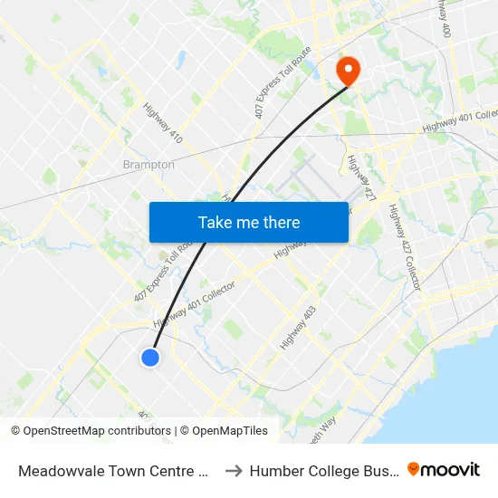 Meadowvale Town Centre Bus Terminal to Humber College Bus Terminal map