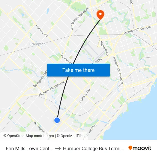 Erin Mills Town Centre to Humber College Bus Terminal map
