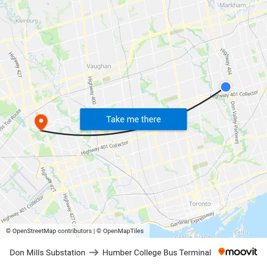 Don Mills Substation to Humber College Bus Terminal map