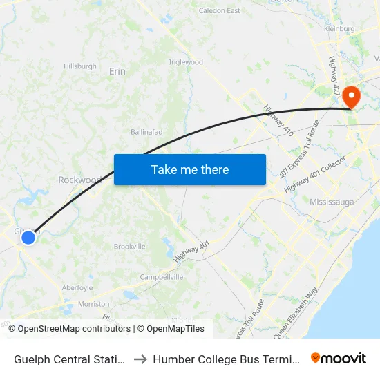 Guelph Central Station to Humber College Bus Terminal map