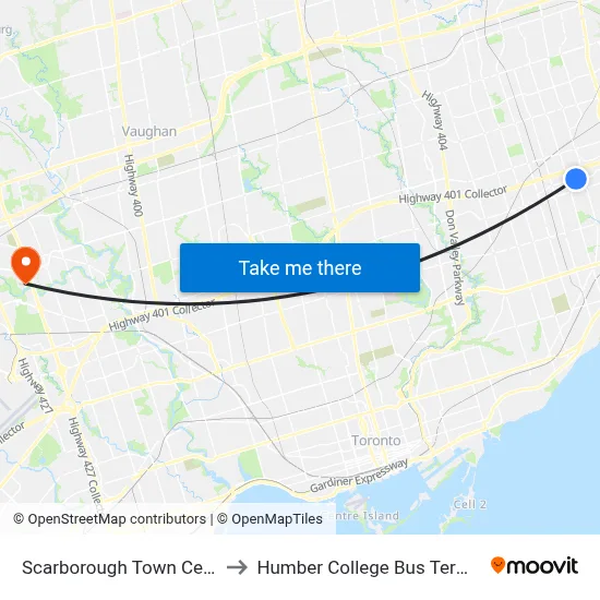 Scarborough Town Centre to Humber College Bus Terminal map