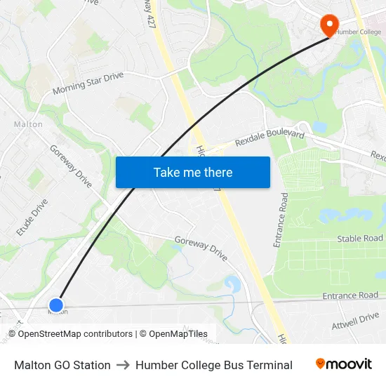Malton GO Station to Humber College Bus Terminal map
