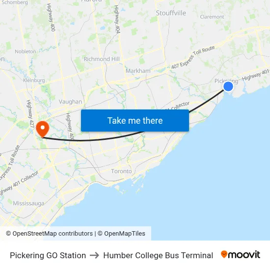 Pickering GO Station to Humber College Bus Terminal map