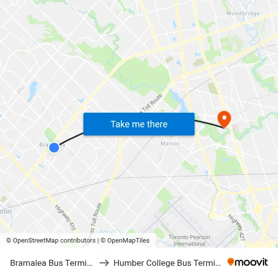 Bramalea Bus Terminal to Humber College Bus Terminal map
