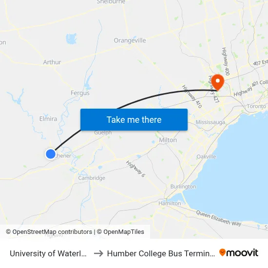University of Waterloo to Humber College Bus Terminal map