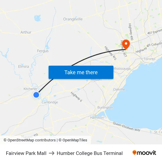 Fairview Park Mall to Humber College Bus Terminal map