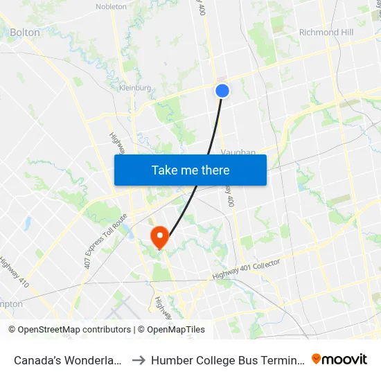 Canada’s Wonderland to Humber College Bus Terminal map