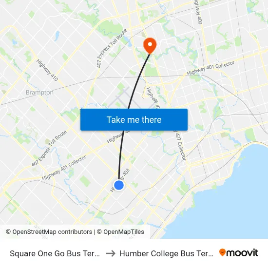 Square One Go Bus Terminal to Humber College Bus Terminal map