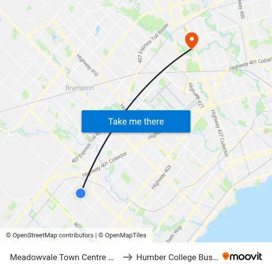 Meadowvale Town Centre Bus Terminal to Humber College Bus Terminal map