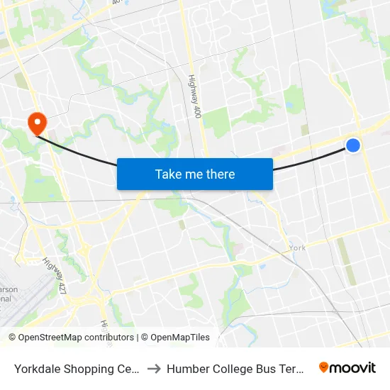 Yorkdale Shopping Centre to Humber College Bus Terminal map