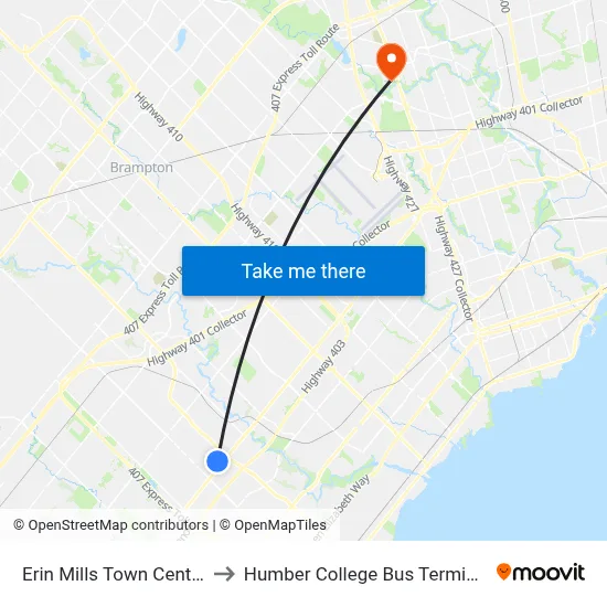Erin Mills Town Centre to Humber College Bus Terminal map