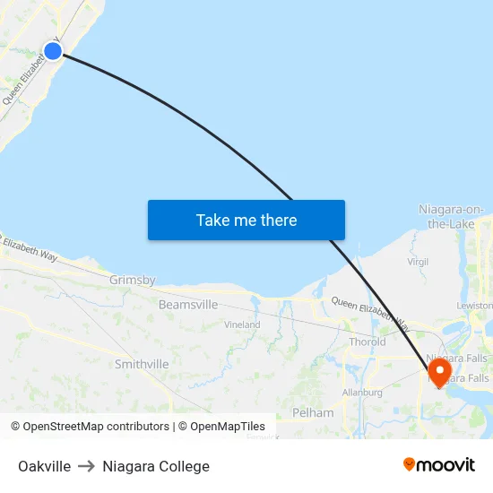 Oakville to Niagara College map