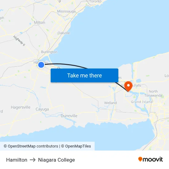 Hamilton to Niagara College map