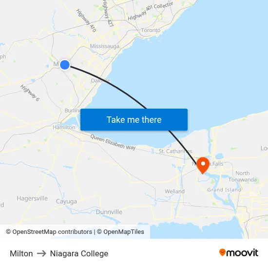 Milton to Niagara College map