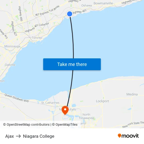 Ajax to Niagara College map