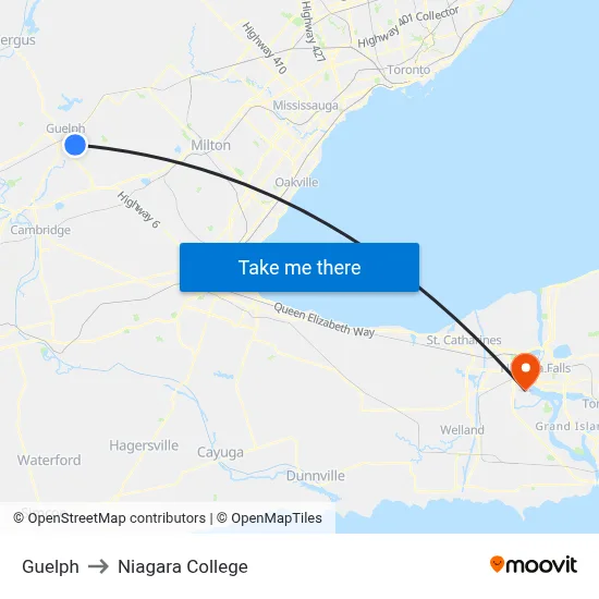 Guelph to Niagara College map