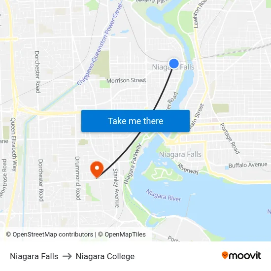 Niagara Falls to Niagara College map