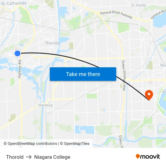 Thorold to Niagara College map