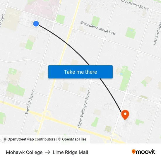 Mohawk College to Lime Ridge Mall map