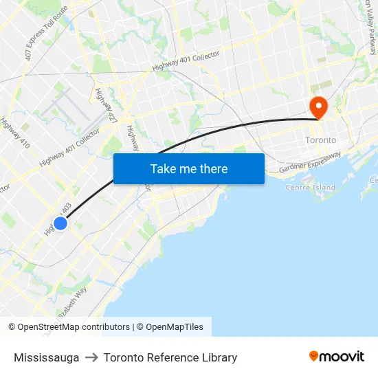 Mississauga to Toronto Reference Library map