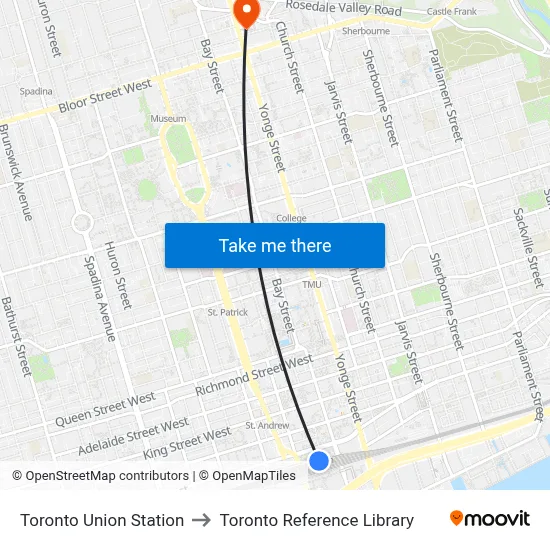 Toronto Union Station to Toronto Reference Library map
