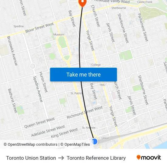Toronto Union Station to Toronto Reference Library map