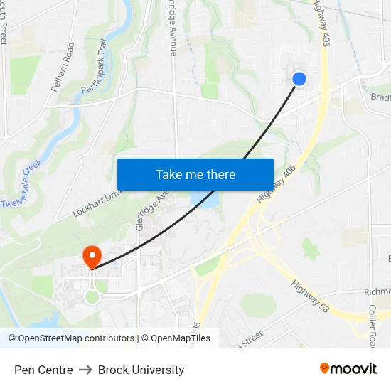 Pen Centre to Brock University map