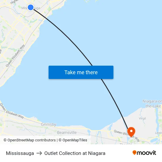 Mississauga to Outlet Collection at Niagara map