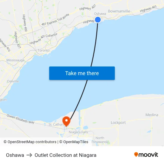 Oshawa to Outlet Collection at Niagara map