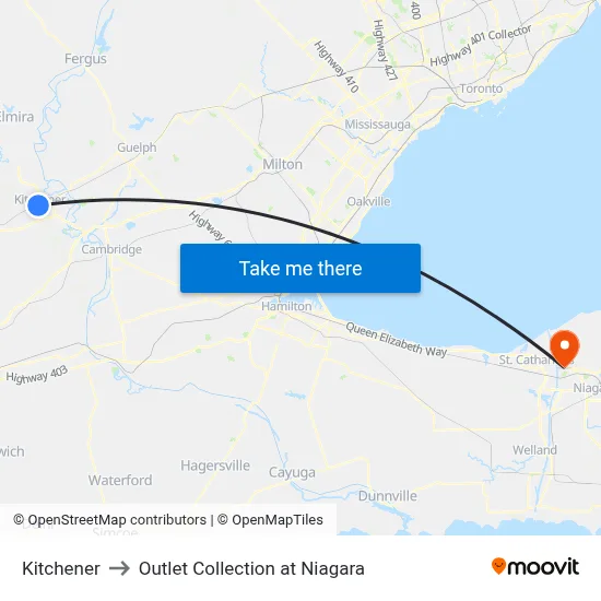 Kitchener to Outlet Collection at Niagara map
