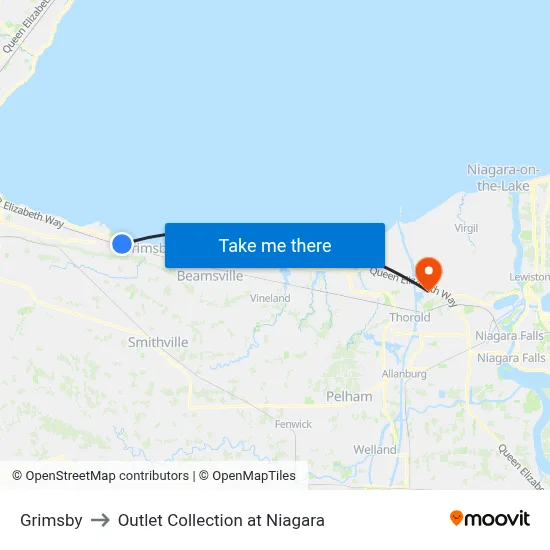 Grimsby to Outlet Collection at Niagara map