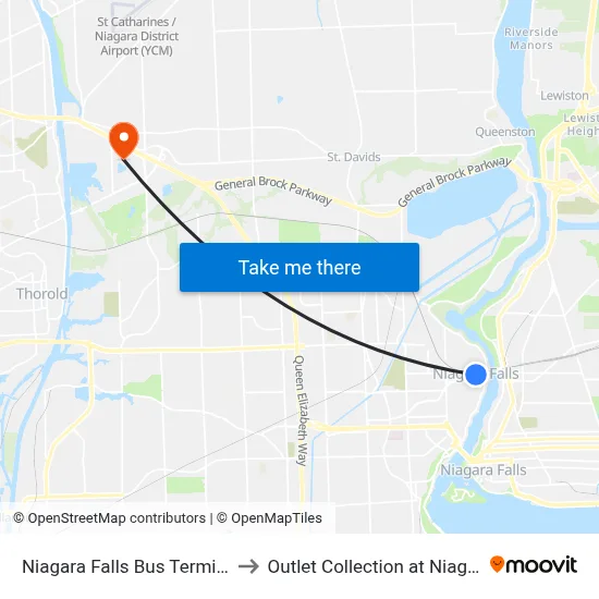Niagara Falls Bus Terminal to Outlet Collection at Niagara map