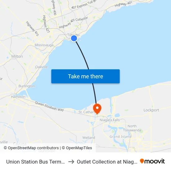 Union Station Bus Terminal to Outlet Collection at Niagara map