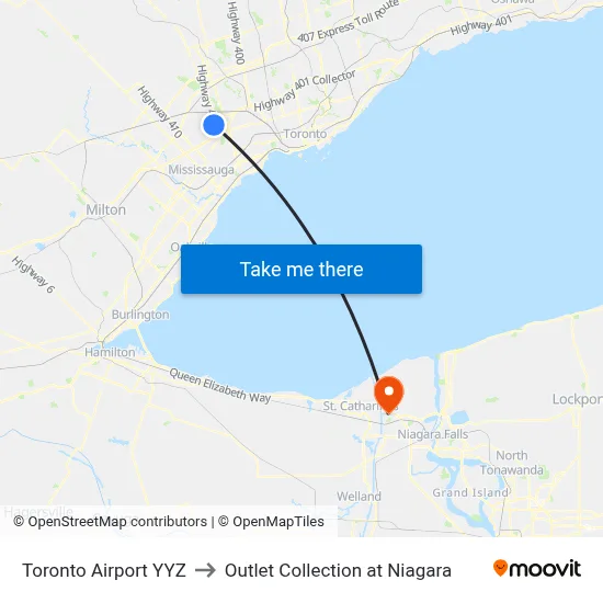 Toronto Airport YYZ to Outlet Collection at Niagara map
