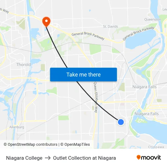 Niagara College to Outlet Collection at Niagara map