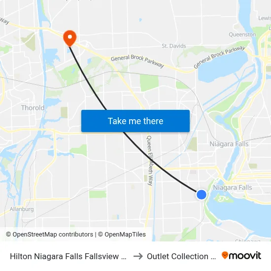 Hilton Niagara Falls Fallsview Hotel and Suites to Outlet Collection at Niagara map