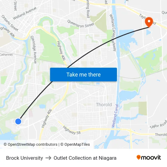 Brock University to Outlet Collection at Niagara map