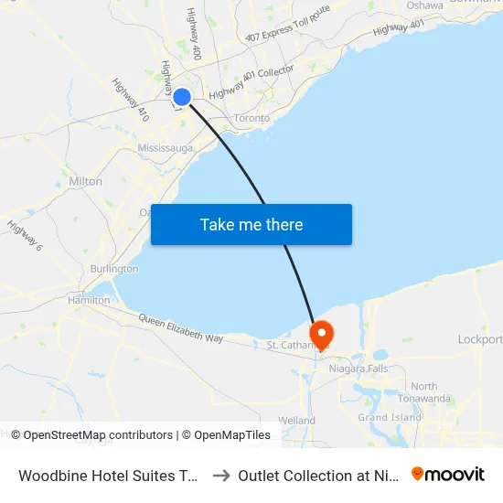 Woodbine Hotel Suites Toronto to Outlet Collection at Niagara map