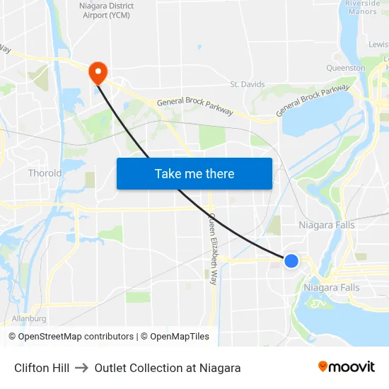 Clifton Hill to Outlet Collection at Niagara map