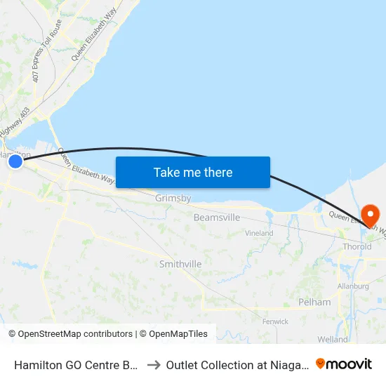 Hamilton GO Centre Bus to Outlet Collection at Niagara map