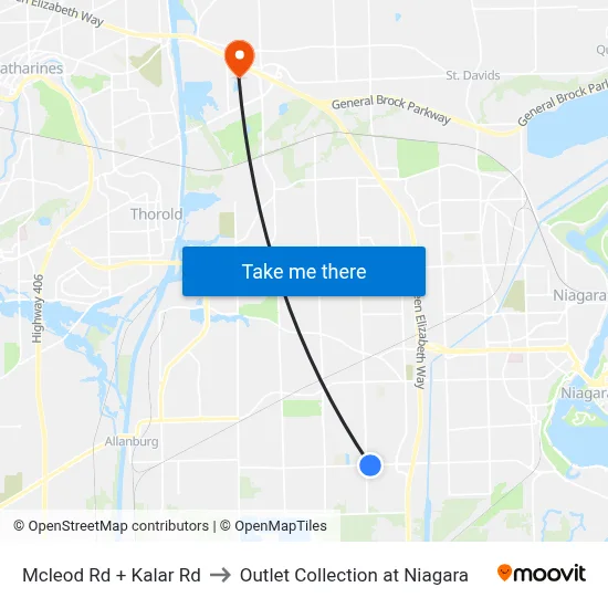 Mcleod Rd + Kalar Rd to Outlet Collection at Niagara map