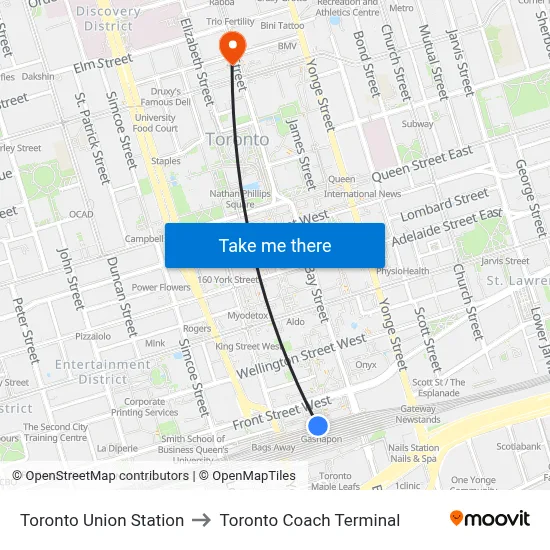 Toronto Union Station to Toronto Coach Terminal map