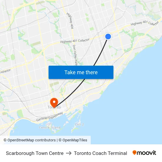 Scarborough Town Centre to Toronto Coach Terminal map
