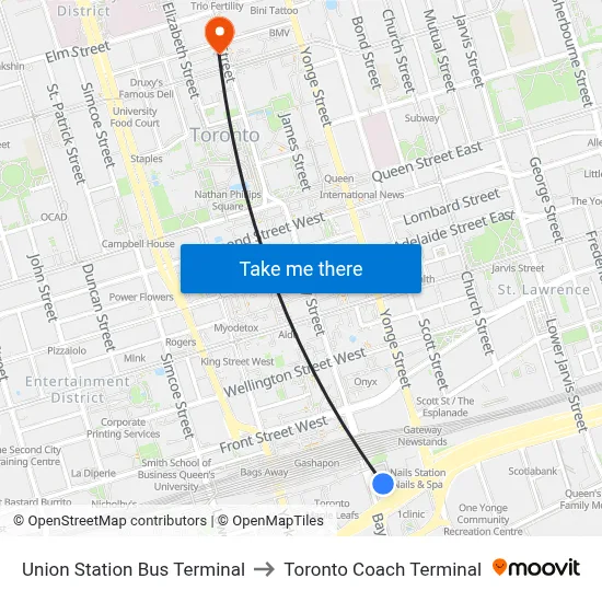 Union Station Bus Terminal to Toronto Coach Terminal map