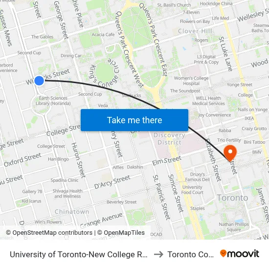 University of Toronto-New College Residence-45 Willcocks Residence to Toronto Coach Terminal map