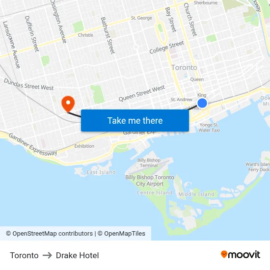 Toronto to Drake Hotel map