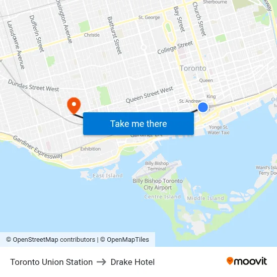 Toronto Union Station to Drake Hotel map