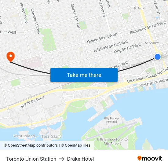 Toronto Union Station to Drake Hotel map